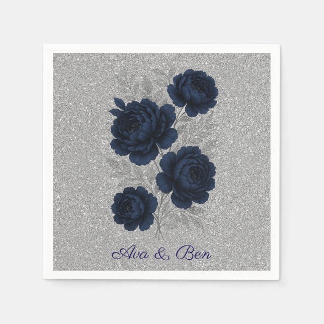Navy Blue and Silver Glitter Leaves Wedding Napkin (Front)
