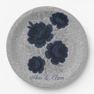 Navy Blue and Silver Glitter Leaves Wedding Paper Plate