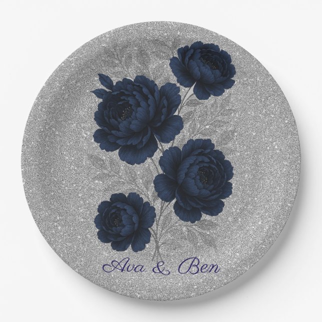 Navy Blue and Silver Glitter Leaves Wedding Paper Plate (Front)