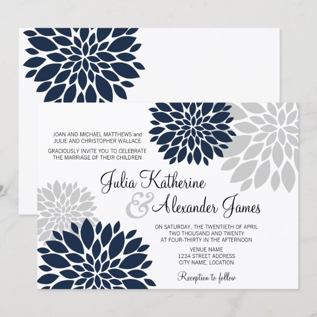 Navy Blue and Silver-Grey Floral Burst Wedding Invitation (Front/Back)