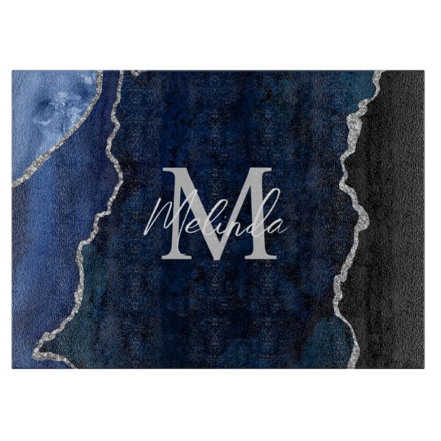 Navy Blue and Silver Marble Agate Cutting Board (Front)