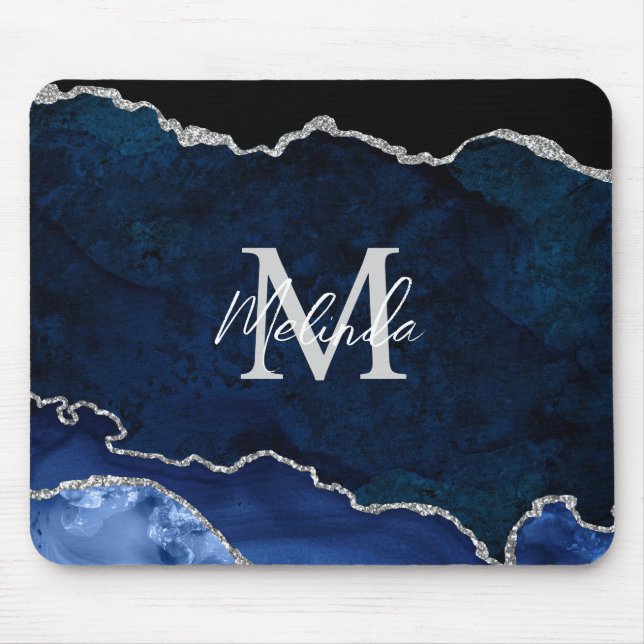 Navy Blue and Silver Marble Agate Mouse Pad (Front)