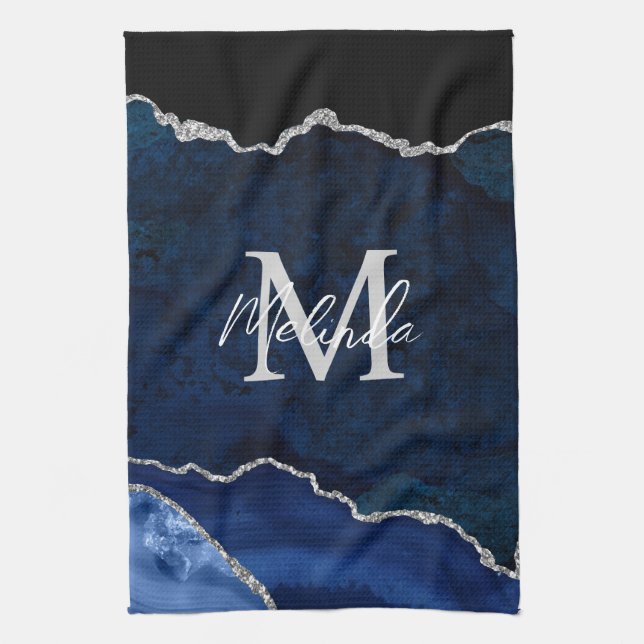 Navy Blue and Silver Marble Agate Tea Towel (Vertical)