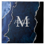 Navy Blue and Silver Marble Agate Tile<br><div class="desc">This tile features an elegant and glamourous agate marble background with geode gemstone detailing and faux silver glitter accents. The monogram combines handwritten script and modern sans serif fonts for a classy and sophisticated look. This will make the ideal gift as it can be customised with a name and initial....</div>