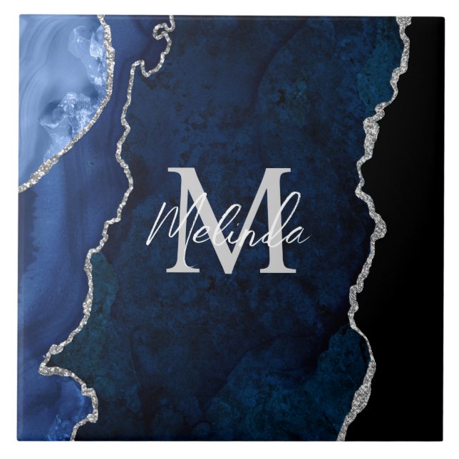 Navy Blue and Silver Marble Agate Tile (Front)
