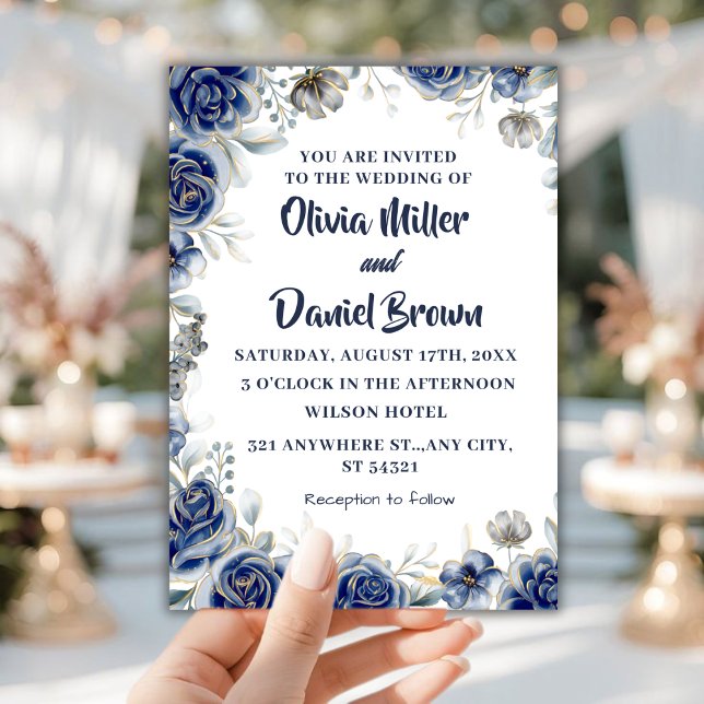 Navy Blue and Silver modern Ivory Floral Wedding Invitation (Creator Uploaded)