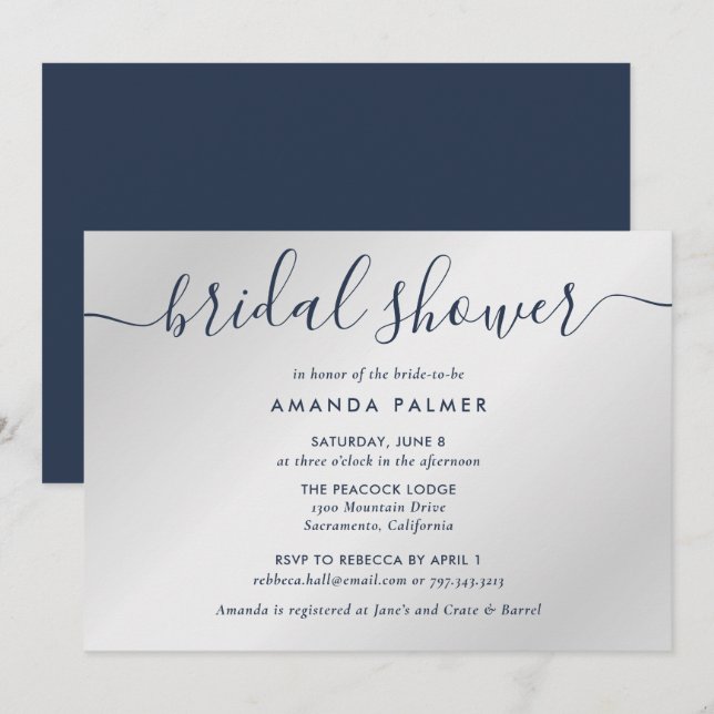Navy Blue and Silver Modern Script Bridal Shower Invitation (Front/Back)