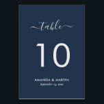 Navy Blue and Silver Modern Script Table Number<br><div class="desc">Personalised navy blue and silver wedding table number card featuring a modern script font. Matching items available.</div>