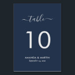 Navy Blue and Silver Modern Script Table Number<br><div class="desc">Personalised navy blue and silver wedding table number card featuring a modern script font. Matching items available.</div>