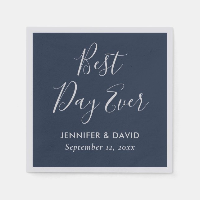 Navy Blue and Silver Modern Script Wedding Napkin (Front)