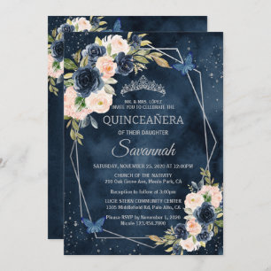 Navy Blue and Silver Rose Elegant Quinceanera Invitation