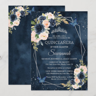 Navy Blue and Silver Rose Elegant Quinceanera Invitation