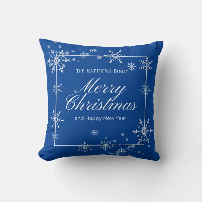 Navy Blue and Silver Snowflake Script Christmas  Cushion (Front)