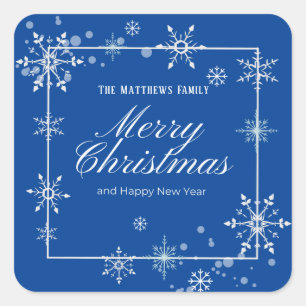 Navy Blue and Silver Snowflake Script Christmas  Square Sticker