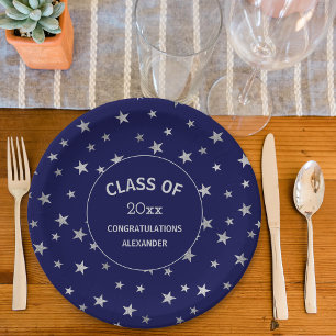 Navy blue and Silver Stars graduation party Paper Plate