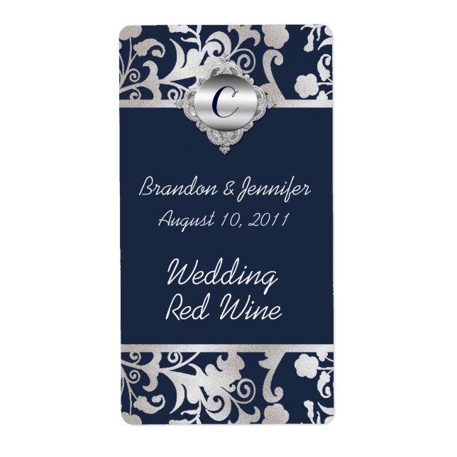 Navy Blue and Silver Tone Wedding Mini Wine Labels (Front)