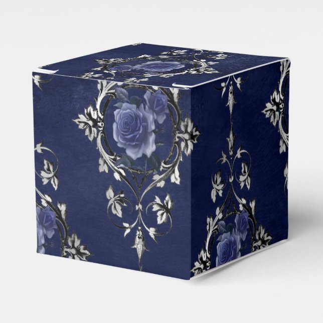 Navy Blue and Silver Victorian Floral Damask Favour Box (Front Side)