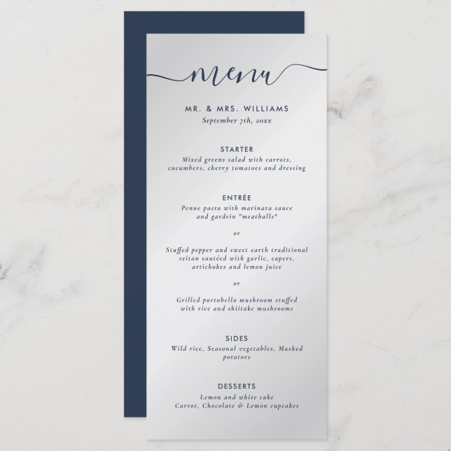 Navy Blue and Silver Wedding Menu (Front/Back)