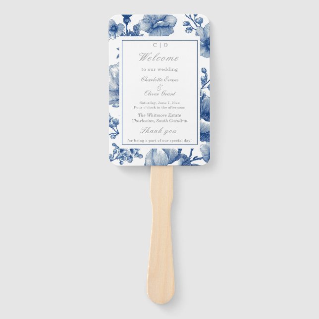 Navy Blue And Silver Wedding Program Hand Fan (Front)