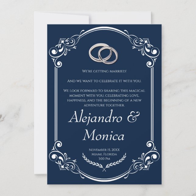 Navy Blue and Silver Wedding Ring Invitation (Front)