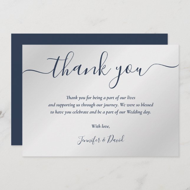 Navy Blue and Silver Wedding Thank You Card (Front/Back)