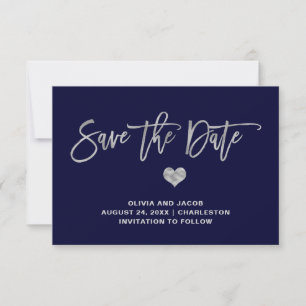 Navy Blue and Silver with Heart   Photo Back Save The Date
