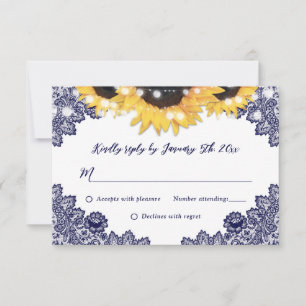 Navy Blue and Sunflower Rustic Floral Lace Wedding RSVP Card