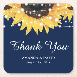 Navy Blue and Sunflower Thank You Wedding Favour Square Paper Coaster