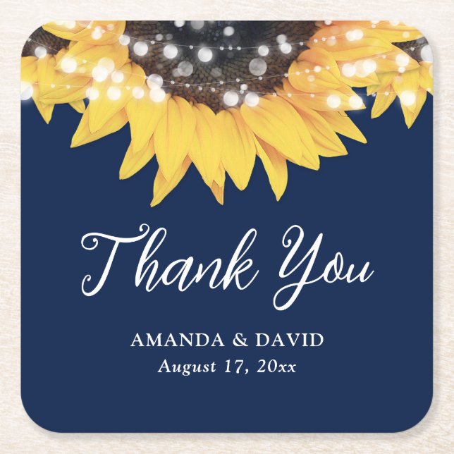 Navy Blue and Sunflower Thank You Wedding Favour Square Paper Coaster (Front)