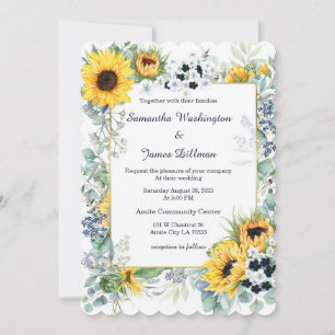 Navy Blue and Sunflower Wedding  Invitation