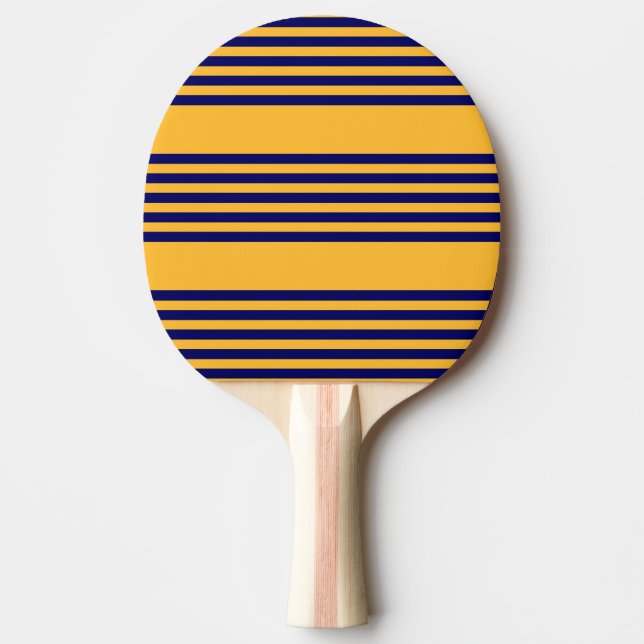 Navy blue and sunny yellow five stripes pattern ping pong paddle (Front)
