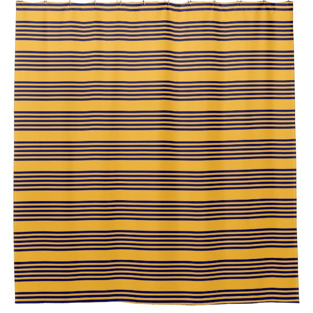 Navy blue and sunny yellow five stripes pattern shower curtain (Front)