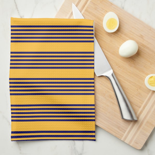 Navy blue and sunny yellow five stripes pattern tea towel (Quarter Fold)