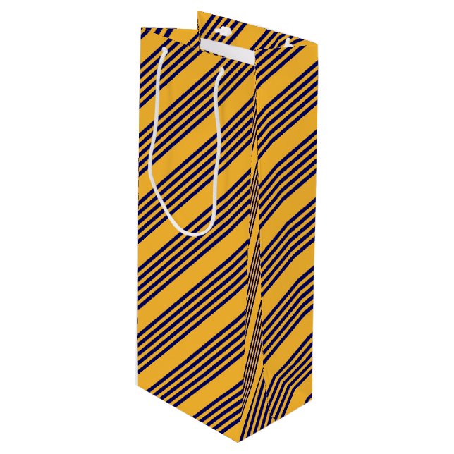 Navy blue and sunny yellow five stripes pattern wine gift bag (Front Angled)