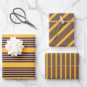 Navy blue and sunny yellow five stripes pattern wrapping paper sheet