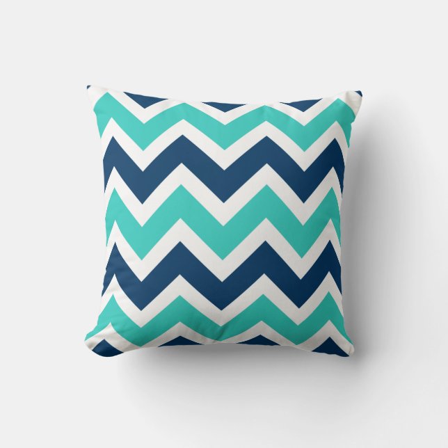 Navy Blue and Teal Chevron Zigzag Pattern Cushion (Front)