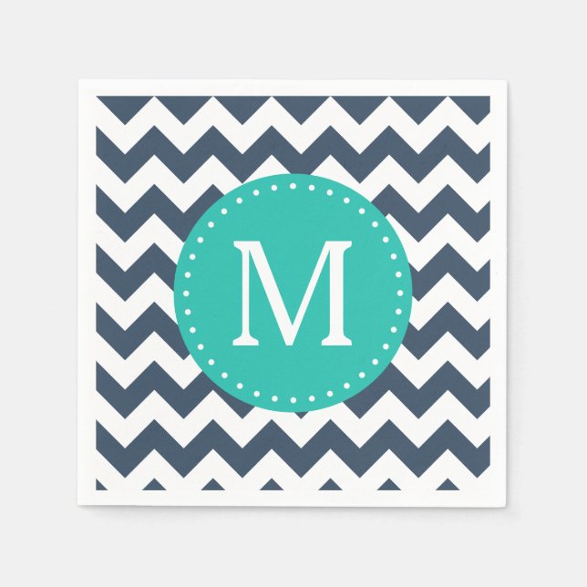 Navy Blue and Teal Green Chevron Custom Monogram Napkin (Front)