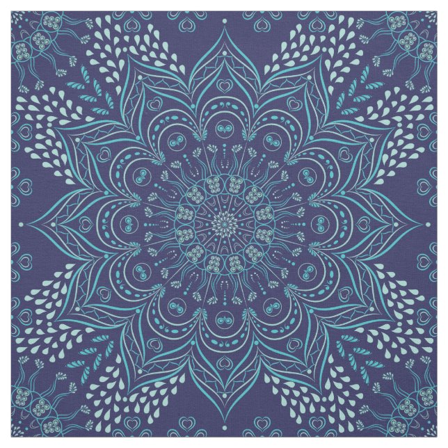 Navy blue and teal mandala pattern fabric (Swatch)