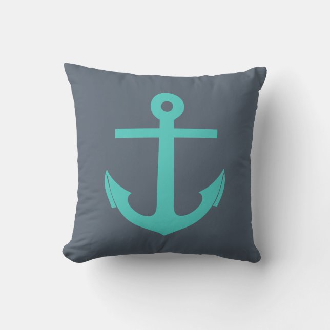 Navy Blue and Turquoise Anchor Nautical Cushion (Front)