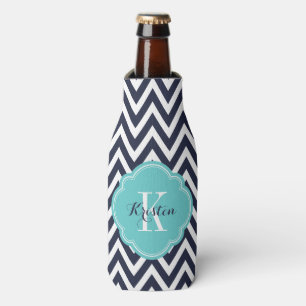 Navy Blue and Turquoise Chevron Monogram Bottle Cooler