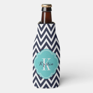 Navy Blue and Turquoise Chevron Monogram Bottle Cooler
