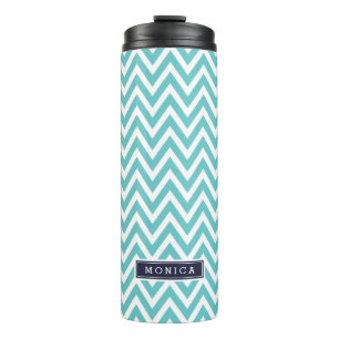 Navy Blue and Turquoise Chevron Monogram Thermal Tumbler