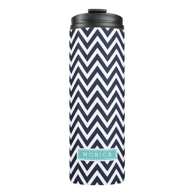 Navy Blue and Turquoise Chevron Monogram Thermal Tumbler (Front)