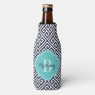 Navy Blue and Turquoise Greek Key Monogram Bottle Cooler