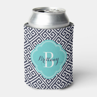 Navy Blue and Turquoise Greek Key Monogram Can Cooler