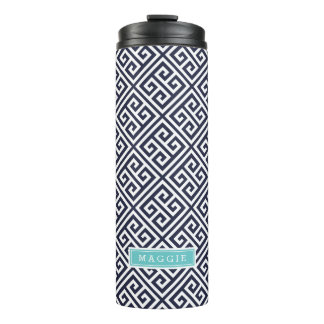 Navy Blue and Turquoise Greek Key Monogram Thermal Tumbler