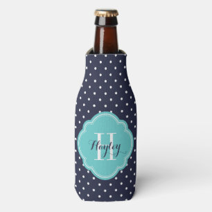Navy Blue and Turquoise Polka Dots Monogram Bottle Cooler