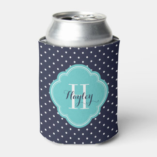 Navy Blue and Turquoise Polka Dots Monogram Can Cooler