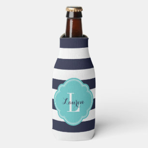 Navy Blue and Turquoise Preppy Stripes Monogram Bottle Cooler
