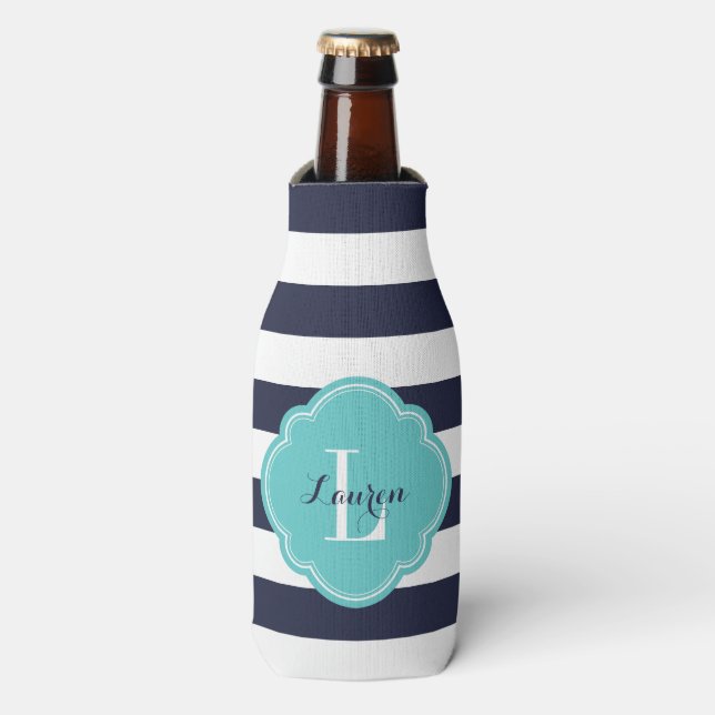 Navy Blue and Turquoise Preppy Stripes Monogram Bottle Cooler (Bottle Front)